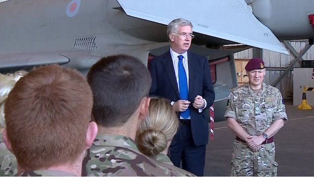 British Defence Secretary Michael Fallon speaks to UK military personnel on Cyprus