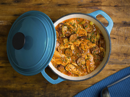 This Oct. 20, 2017 photo provided by The Culinary Institute of America shows a Cajun-style stew with andouille and turkey in Hyde Park, N.Y. (Phil Mansfield/The Culinary Institute of America via AP)