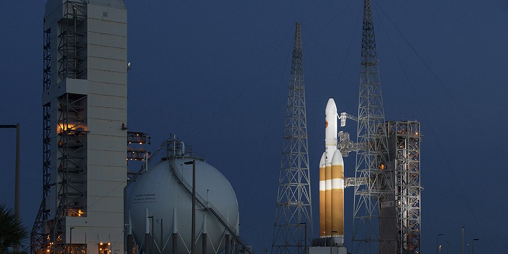 This photo provided by NASA shows the United Launch Alliance Delta IV Heavy rocket with the Parker Solar Probe onboard shortly after the Mobile Service Tower was rolled back, Friday, Aug. 10, 2018, at Launch Complex 37 at Cape Canaveral Air Force Station in Fla. (Bill Ingalls/NASA via AP)