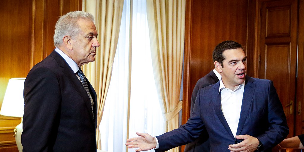 Prime Minister Alexis Tsipras meets with the European Migration Commissioner Dimitris Avramopoulos, Sept. 19, 2018. (Photo by Eurokinissi/Yorgos Kontarinis)