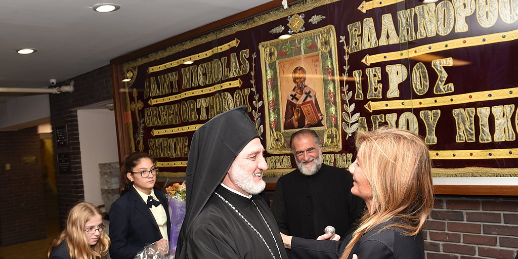 Mareva Grabowski-Mitsotakis meets with Archbishop Elpidophoros during her visit at the Greek community’s schools in New York on September 25. (Photo by TNH/Kostas Bej)