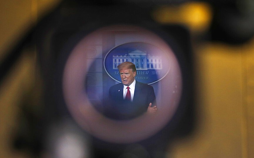 FILE - In this April 22, 2020, file photo seen through a video eyepiece, President Donald Trump speaks about the coronavirus in the James Brady Press Briefing Room of the White House in Washington. (AP Photo/Alex Brandon, File)