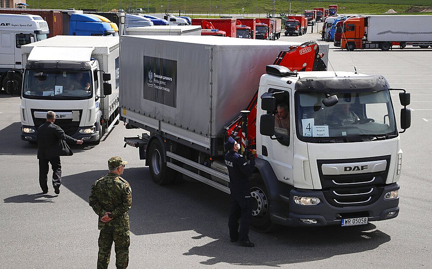 Trucks with humanitarian aid from the Poland government to fight the COVID-19 epidemic has arrived on custom terminal in outskirts of Minsk, Belarus, Friday, June 5, 2020. (AP Photo/Sergei Grits)