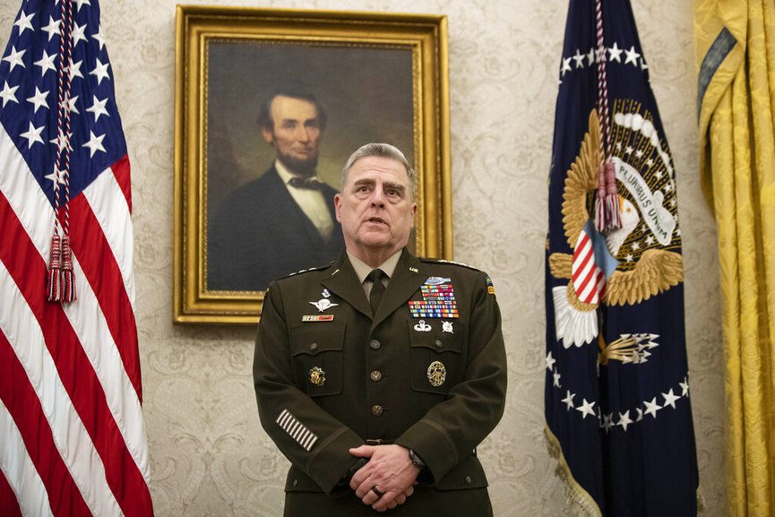 FILE - In this May 15, 2020 file photo, Joint Chiefs Chairman Gen. Mark Milley speaks during the presentation of the Space Force Flag in the Oval Office of the White House with President Donald Trump, in Washington. (AP Photo/Alex Brandon)
