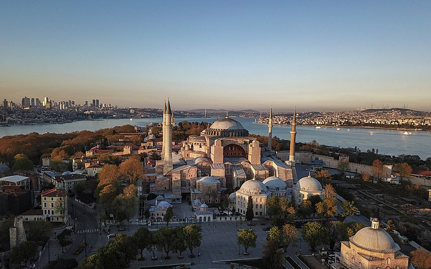 FILE - In this April 25, 2020, file photo, is an aerial view of the Byzantine-era Hagia Sophia, in the historic Sultanahmet district of Istanbul. Turkish President Recep Tayyip Erdogan is scheduled to join hundreds of worshipers Friday, July 24, for the first Muslim prayers at the Hagia Sophia in 86 years, weeks after a controversial high court ruling paved the way for the landmark monument to be turned back into a mosque.  (AP Photo, File)