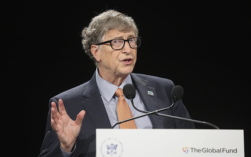 FILE  In this Thursday, Oct. 10, 2019 file photo, Philanthropist and Co-Chairman of the Bill & Melinda Gates Foundation Bill Gates gestures as he speaks to the audience during the Global Fund to Fight AIDS event at the Lyon s congress hall, central France. (Ludovic Marin/Pool Photo via AP, File)