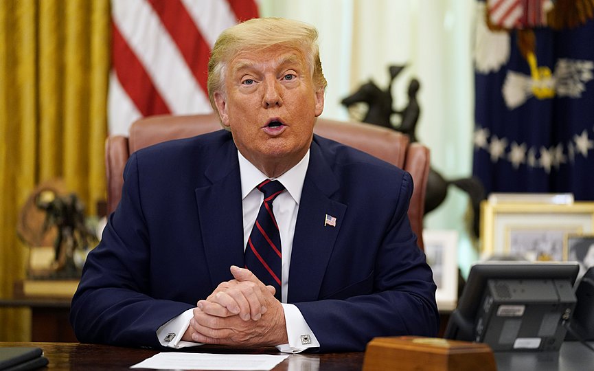 President Donald Trump speaks before participating in a signing ceremony with Serbian President Aleksandar Vucic and Kosovar Prime Minister Avdullah Hoti in the Oval Office of the White House, Friday, Sept. 4, 2020, in Washington. (AP Photo/Evan Vucci)