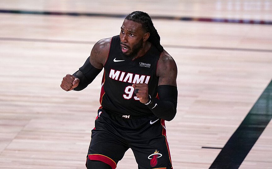 Miami Heat s Jae Crowder gestures after being charged with a foul on a shot attempt by the Boston Celtics during the second half of an NBA conference final playoff basketball game, Saturday, Sept. 19, 2020, in Lake Buena Vista, Fla. (AP Photo/Mark J. Terrill)