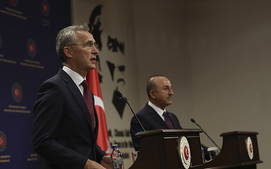 NATO Secretary-General Jens Stoltenberg, left, and Turkey s Foreign Minister Mevlut Cavusoglu speak to the media after their talks in Ankara, Turkey, Monday, Oct. 5, 2020. (AP Photo/Burhan Ozbilici)