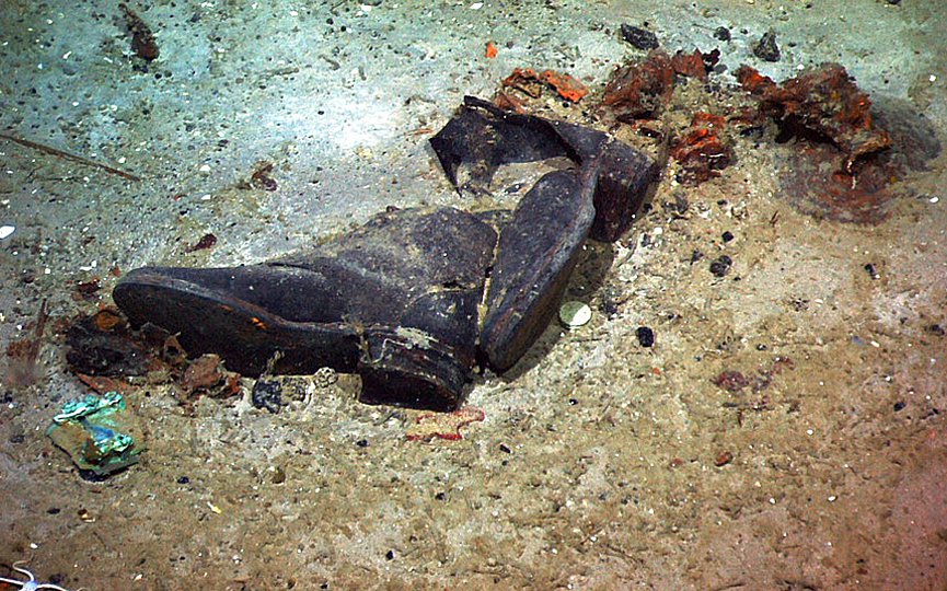 This 2004 image provided by the University of Rhode Island s Institute for Exploration and Center for Archaeological Oceanography and the National Oceanic and Atmospheric Administration s Office of Ocean Exploration shows the shoes of one of the possible victims of the Titanic disaster. (Institute for Exploration and Center for Archaeological Oceanography/University of Rhode Island/NOAA Office of Ocean Exploration via AP)
