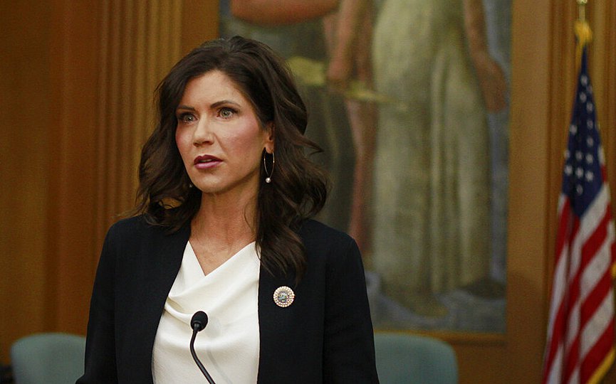 FILE - In this June 22, 2020 file photo, South Dakota Gov. Kristi Noem speaks at the Sioux Falls city hall in Sioux Falls, S.D. (AP Photo/Stephen Groves File)