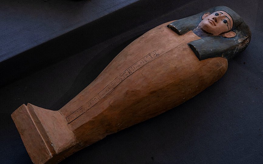 An ancient sarcophagus that buried more than 2500 years ago, is on display in Saqqara, Giza, Egypt, Saturday, Nov. 14, 2020. (AP Photo/Nariman El-Mofty)