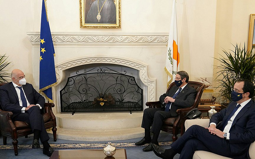 Foreign Minister Nikos Dendias on Friday met with Cyprus President Nicos Anastasiades and his Cypriot counterpart Nikos Christodoulides at the presidential mansion of Cyprus. (Photo via Twitter)