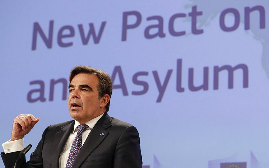 European Commissioner for Promoting our European Way of Life Margaritas Schinas, speaks during a media conference on the New Pact for Migration and Asylum at EU headquarters in Brussels, Wednesday, Sept. 23, 2020. (Stephanie Lecocq, Pool via AP)
