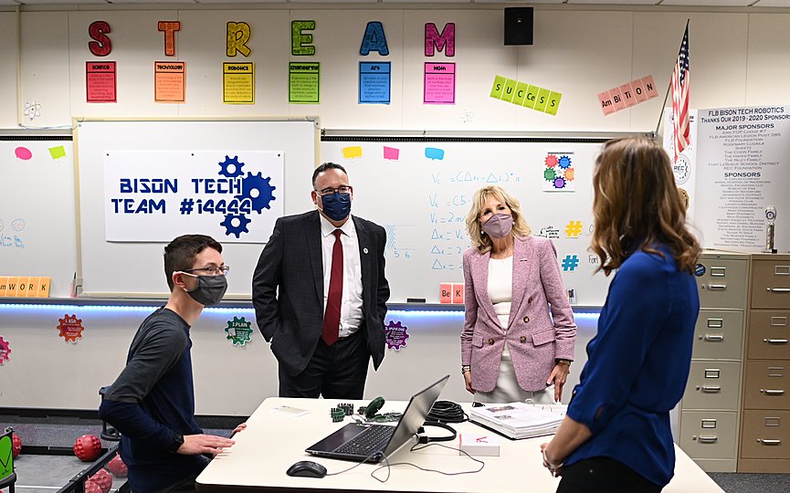 First lady Jill Biden and Education Secretary Miguel Cardona visit a robotics lab during a tour at Fort LeBoeuf Middle School in Waterford, Pa., Wednesday, March 3, 2021. (Mandel Ngan/Pool via AP)