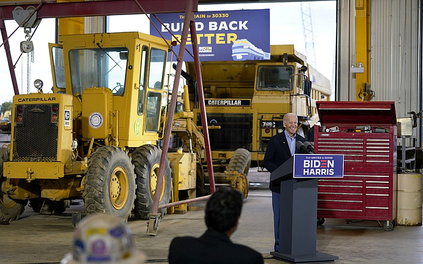 FILE - In this Sept. 30, 2020, file photo then Democratic presidential candidate Joe Biden speaks after touring International Union of Operating Engineers Local 66, in New Alexandria, Pa. During this late-September swing through Westmoreland County, Pa., Biden said, 