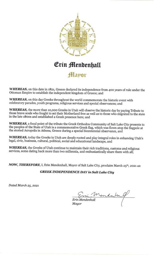 The 2021 Greek Independence Day Proclamation by Salt Lake City Mayor Erin Mendenhall. Photo: Courtesy of The Greek Orthodox Church of Greater Salt Lake