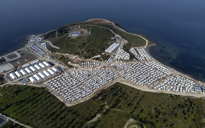 A general view above Kara Tepe refugee camp, on the eastern Aegean island of Lesbos, Greece, Monday, March 29, 2021. (AP Photo/Panagiotis Balaskas)