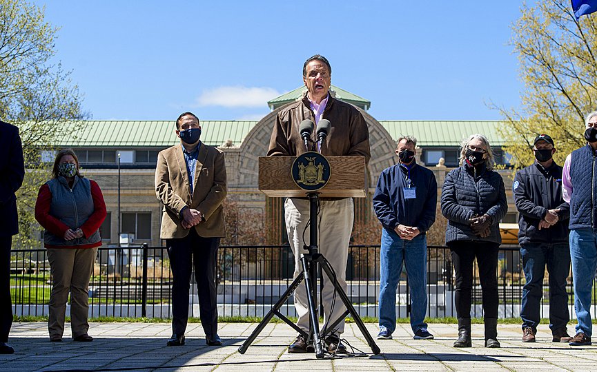 New York Gov. Andrew Cuomo speaks during a news conference, Monday, April 26, 2021 at the New York State Fair Grounds in Syracuse, N.Y. (N. Scott Trimble/Syracuse Post-Standard via AP)