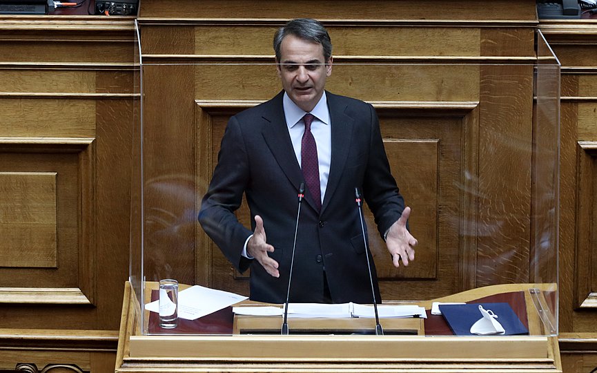 Prime Minister Kyriakos Mitsotakis on Tuesday in Parliament. (Photo by Eurokinissi/ Panagiotis Stolis.