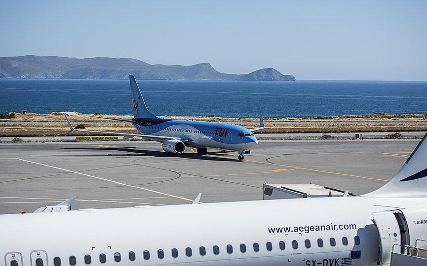 An aircraft from Hanover lands at Nikos Kazantzakis International Airport in Heraklion, on the island of Crete, Greece, Friday, May 14, 2021. (AP Photo/Harry Nakos)