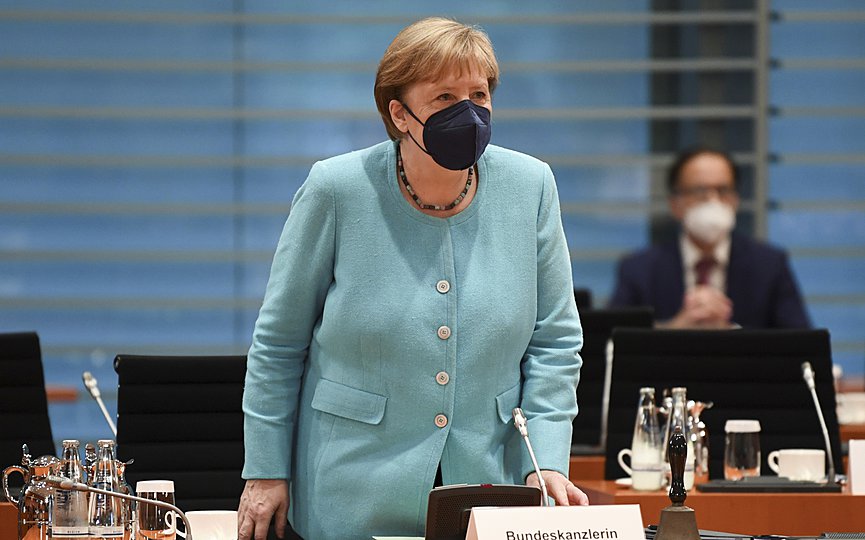 German Chancellor Angela Merkel attends the weekly cabinet meeting at the Chancellery in Berlin, Germany, July 14, 2021. (Annegret Hilse/Pool via AP)