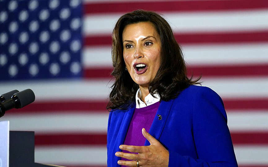 FILE - In this Oct. 16, 2020 file photo, Michigan Gov. Gretchen Whitmer speaks at Beech Woods Recreation Center, in Southfield, Mich. (AP Photo/Carolyn Kaster, File)