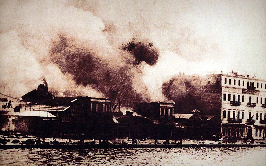 The Great Fire of Smyrna, also known as the Catastrophe of 1922.  (Photo by Eurokinissi/Tatiana Bollari via Art Exhibition concerning Smyrna)