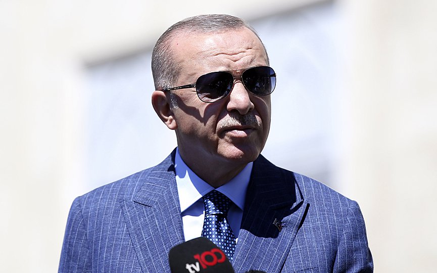 Turkish President Recep Tayyip Erdogan speaks about Turkey-Greece tension after Friday prayers, in Istanbul, Friday, Aug. 14, 2020. (Turkish Presidency via AP, Pool)