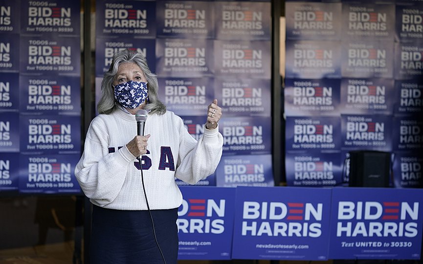 Rep. Dina Titus, D-Nev., speaks at a voter mobilization event on Election Day, Tuesday, Nov. 3, 2020, in Las Vegas. (AP Photo/John Locher)