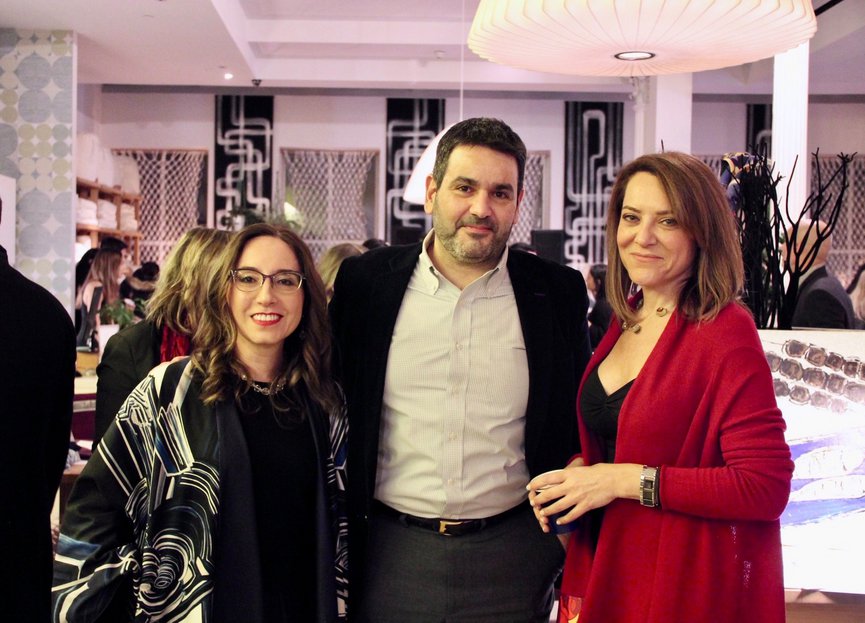 The Director of the Office of Economic and Commercial Affairs at the Consulate General of Greece in New York Georgios Michailidis, center, with The Elysians founders Vicki Vasilopoulos, left, and Athina Vosinaki, right. (Photo: Courtesy of The Elysians)