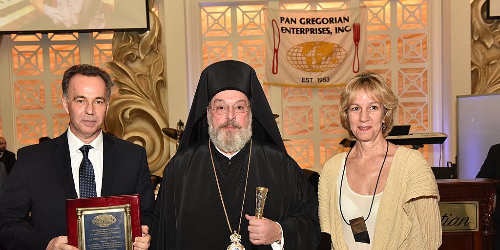 Pan Gregorian Enterprises honored Consul General of Greece in New York Konstantinos Koutras, shown here with his wife, Popita Pavli, and His Eminence Metropolitan Evangelos of New Jersey. Photo: TNH/Kostas Bej